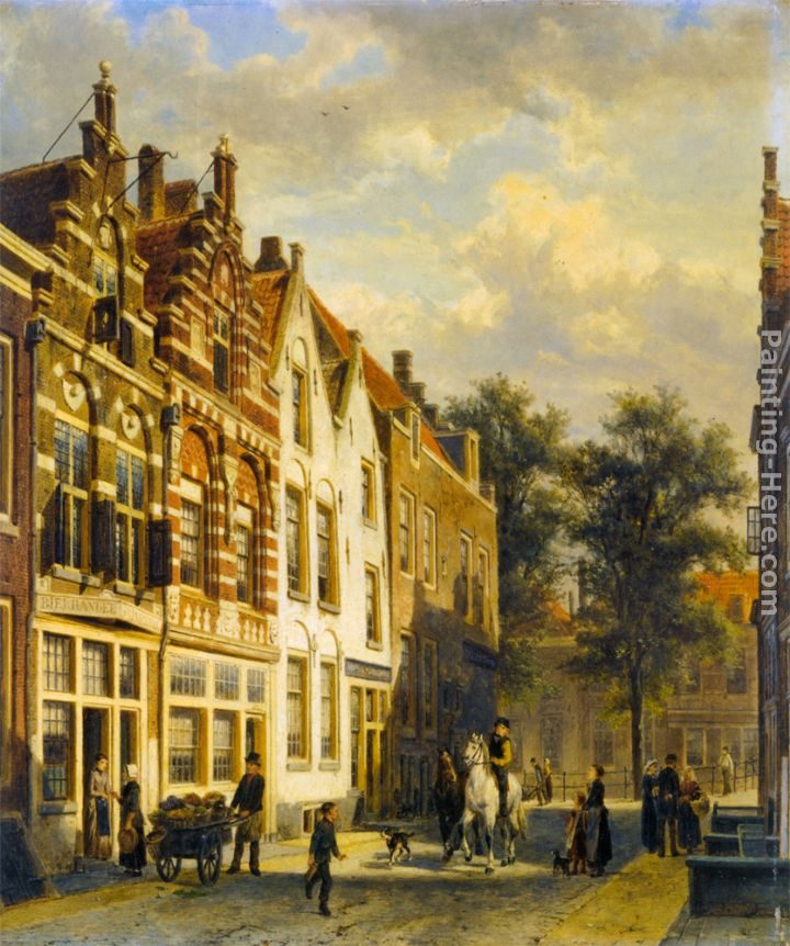 Cornelis Springer Figures in the Sunlit Streets of a Dutch Town